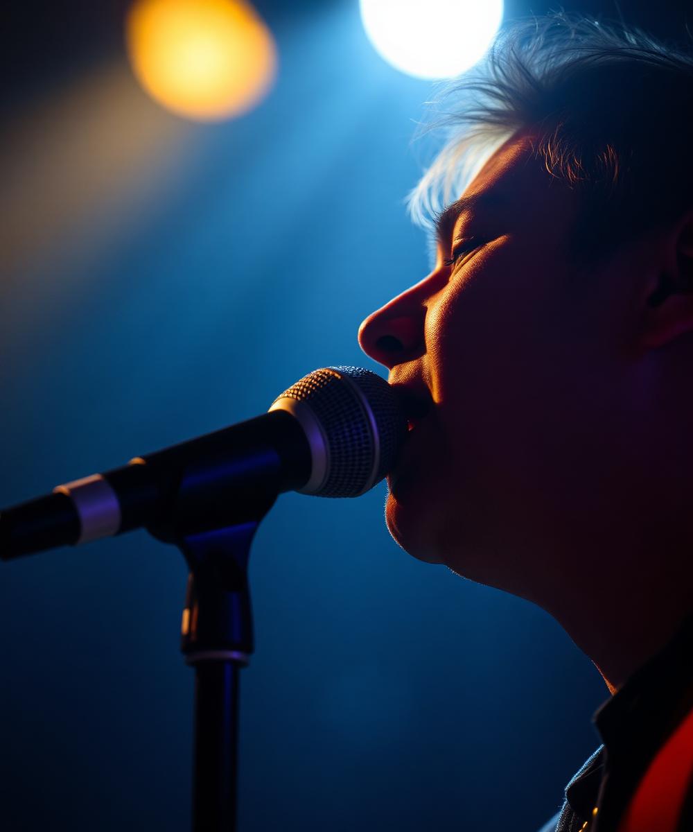 Cantante con micrófono bajo un foco en concierto